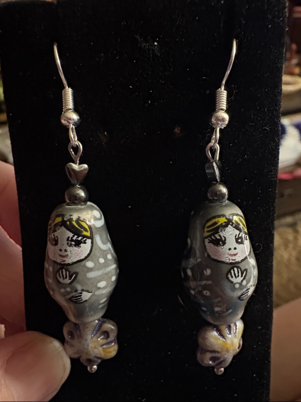 Hand Crafted Gray Matryoshka Doll Drop Earrings with Yellow Accents
